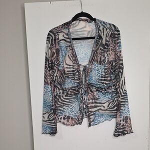 Source Unknown Blue and Brown Sheer Animal Print Blouse